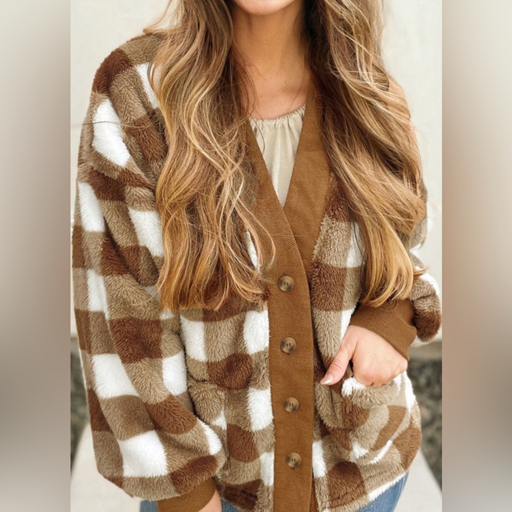 NEW Cozy Checkered Fuzzy Cardigan | Brown & Cream | Free People–Inspired Layer